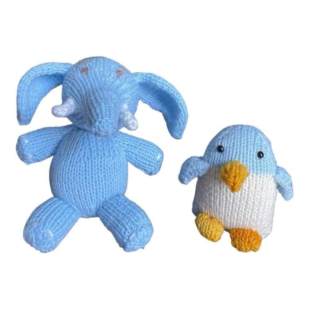 Handmade Elephant Penguin Knitted Blue Toys Small Stuffed Baby Animals Set of 2